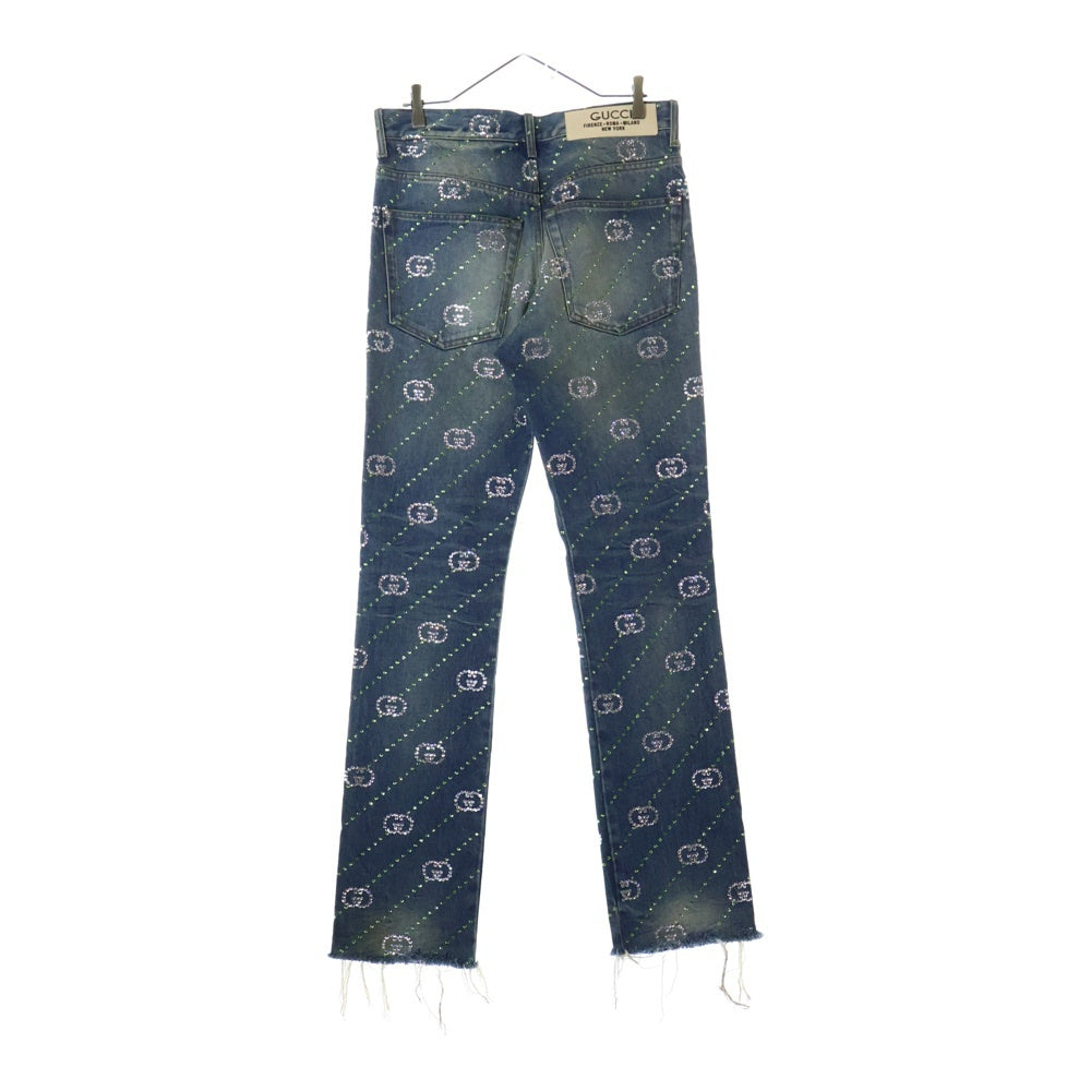GUCCI(グッチ) Crystal Interlocking G Denim Pant インターロッキング GGロゴ 総柄 クリスタル装飾 デニムパンツ インディゴ 760957 XDCOT