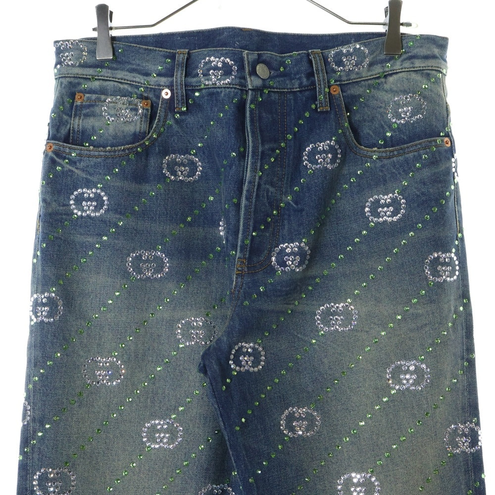 GUCCI(グッチ) Crystal Interlocking G Denim Pant インターロッキング GGロゴ 総柄 クリスタル装飾 デニムパンツ インディゴ 760957 XDCOT