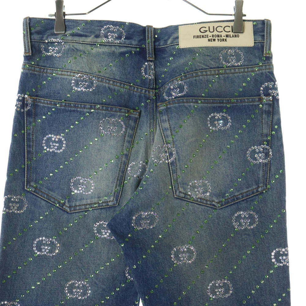 GUCCI(グッチ) Crystal Interlocking G Denim Pant インターロッキング GGロゴ 総柄 クリスタル装飾 デニムパンツ インディゴ 760957 XDCOT
