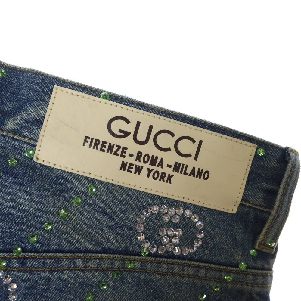 GUCCI(グッチ) Crystal Interlocking G Denim Pant インターロッキング GGロゴ 総柄 クリスタル装飾 デニムパンツ インディゴ 760957 XDCOT
