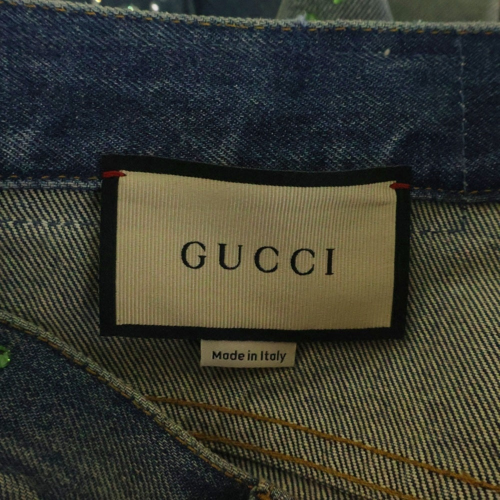 GUCCI(グッチ) Crystal Interlocking G Denim Pant インターロッキング GGロゴ 総柄 クリスタル装飾 デニムパンツ インディゴ 760957 XDCOT