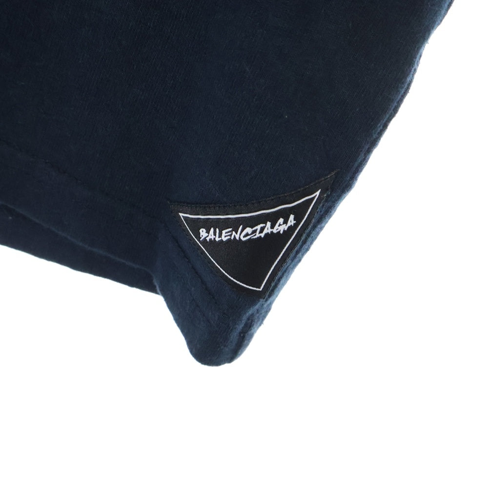 BALENCIAGA(バレンシアガ) 19AW 583917 TFV04 裾 ロゴタグ付 アシンメトリー 半袖 Tシャツ ダークネイビー