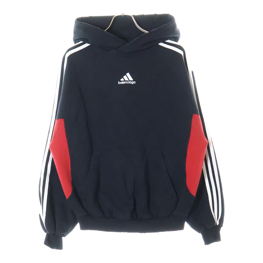 BALENCIAGA(バレンシアガ) ×adidas Hoodie Large Fit 715001 TNVA8 アディダス ロゴ刺繍 プルオーバーパーカー ダメージ加工フーディ ブラック