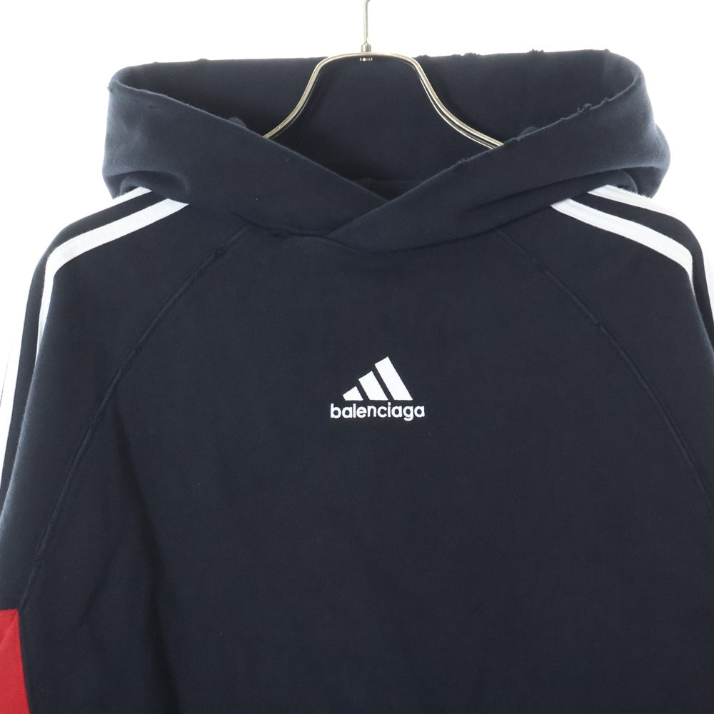 BALENCIAGA(バレンシアガ) ×adidas Hoodie Large Fit 715001 TNVA8 アディダス ロゴ刺繍 プルオーバーパーカー ダメージ加工フーディ ブラック