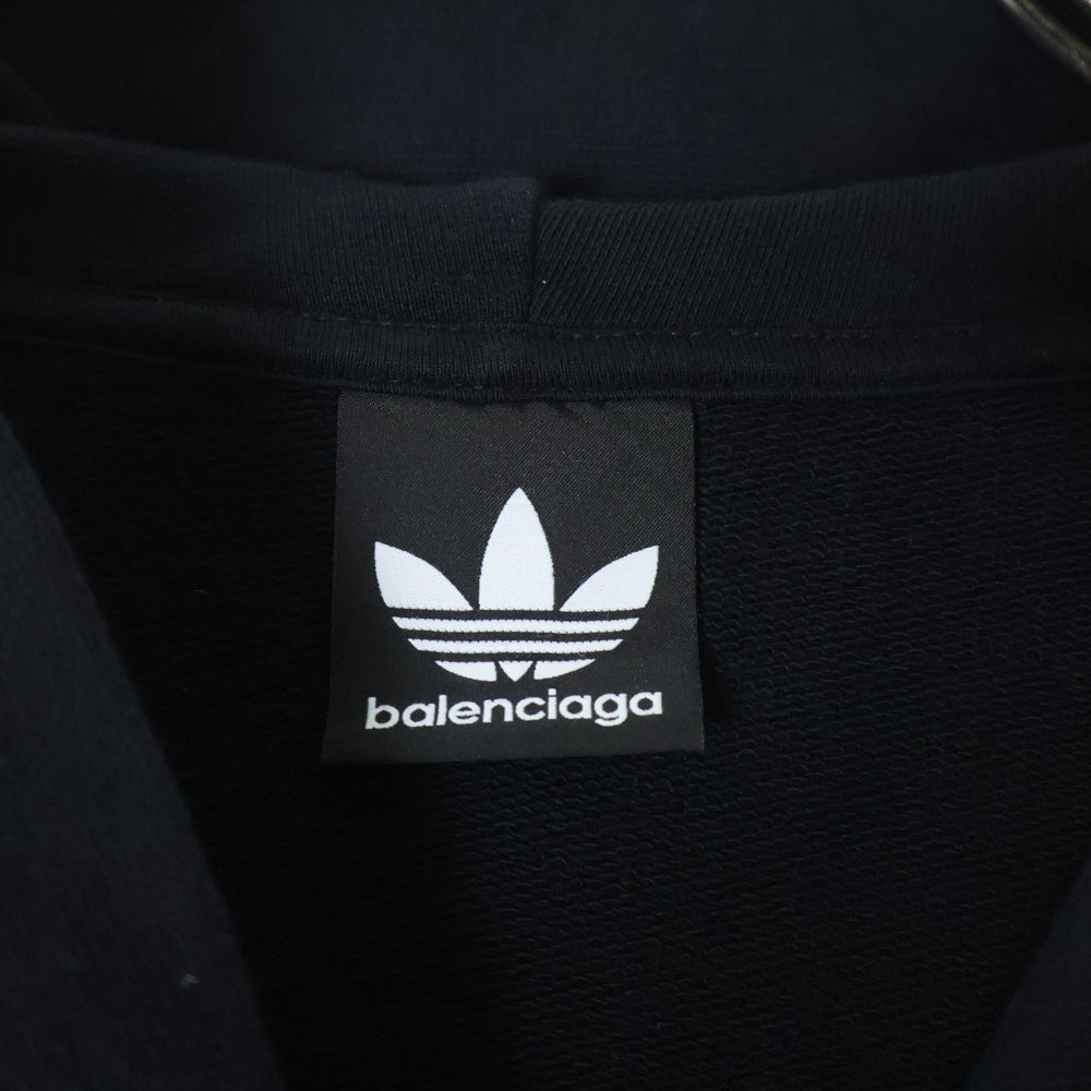 BALENCIAGA(バレンシアガ) ×adidas Hoodie Large Fit 715001 TNVA8 アディダス ロゴ刺繍 プルオーバーパーカー ダメージ加工フーディ ブラック