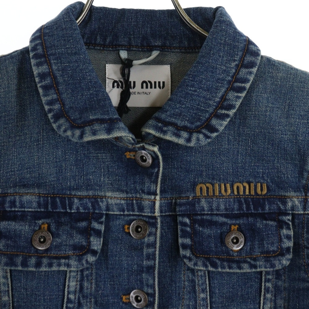 miumiu(ミュウミュウ) Cropped Stretch Denim Jacket ウォッシュドデニム加工 ロゴ刺繍 レディースジャケット ブルー GWB224