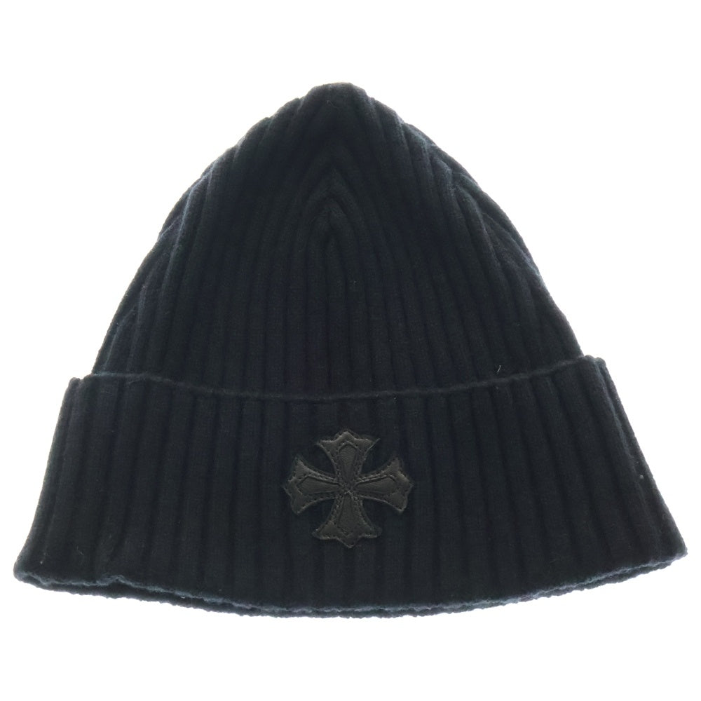 CHROME HEARTS(クロムハーツ) Cashmere Cross Leather Patch Beanie カシミヤ クロスパッチ ビーニー ニットキャップ ニット帽 レザークロスパッチ ホースシューボタン ブラック