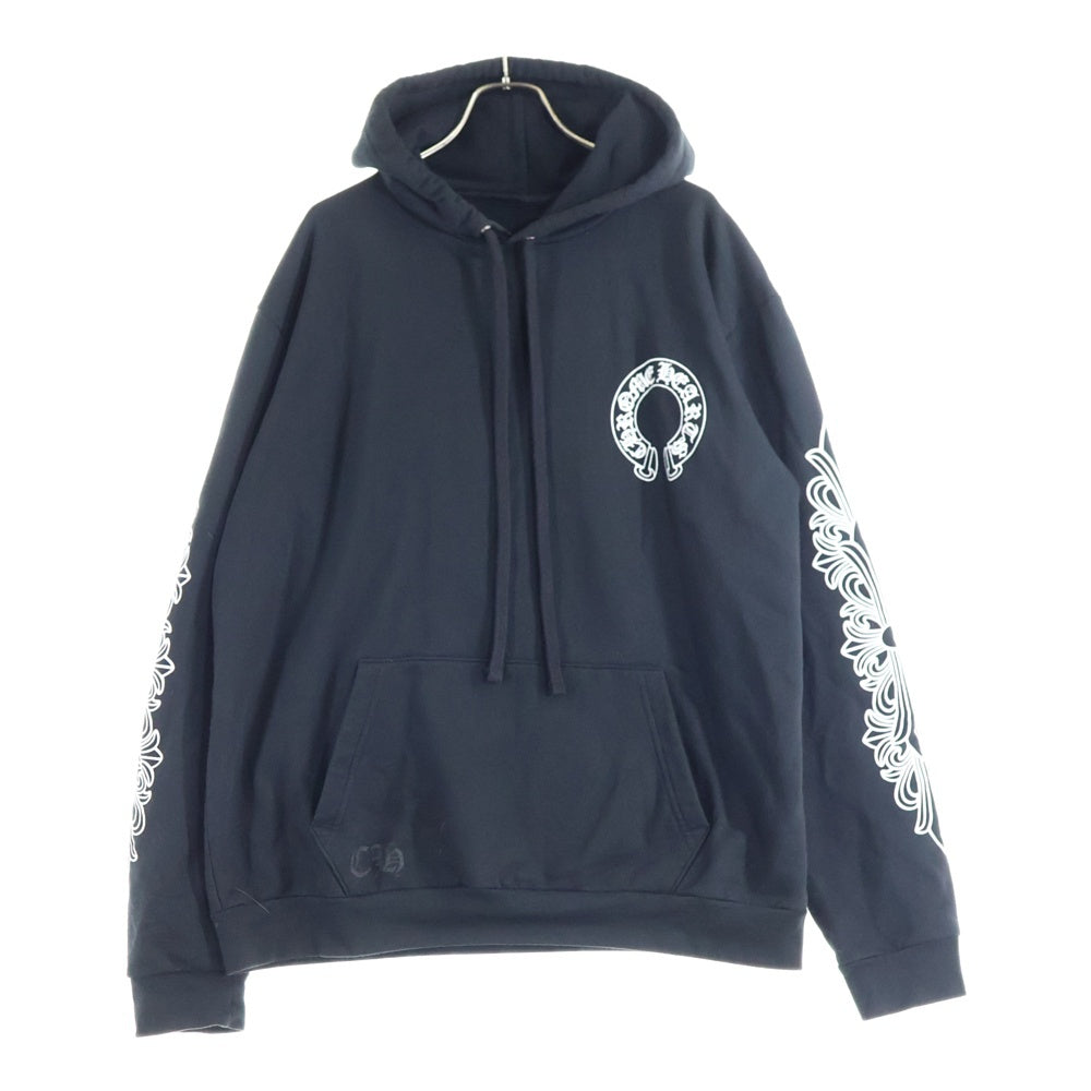 CHROME HEARTS(クロムハーツ) SWTSHRT PLVR 袖フローラルバックホースシュープリントプルオーバーパーカー ブラック/ホワイト