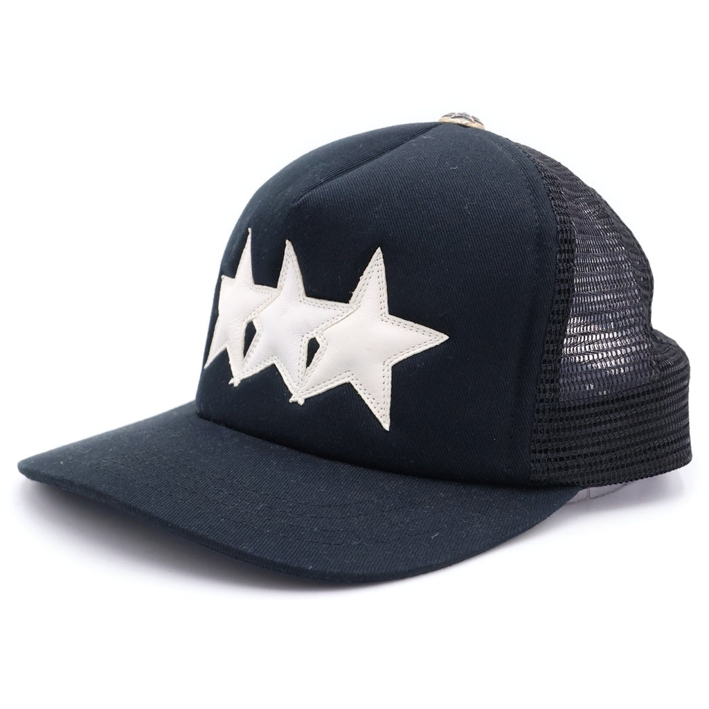 CHROME HEARTS(クロムハーツ) 3STAR PATCH TRUCKER CAP スターレザーパッチ スターボール付 ブラック ベースボールキャップ 帽子 ブラック/ホワイト