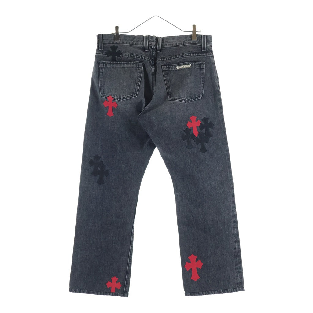 CHROME HEARTS(クロムハーツ) JEAN STRTLG FBRC Cross Leather Patch クロスパッチ ウォッシュドデニムパンツ ブラック