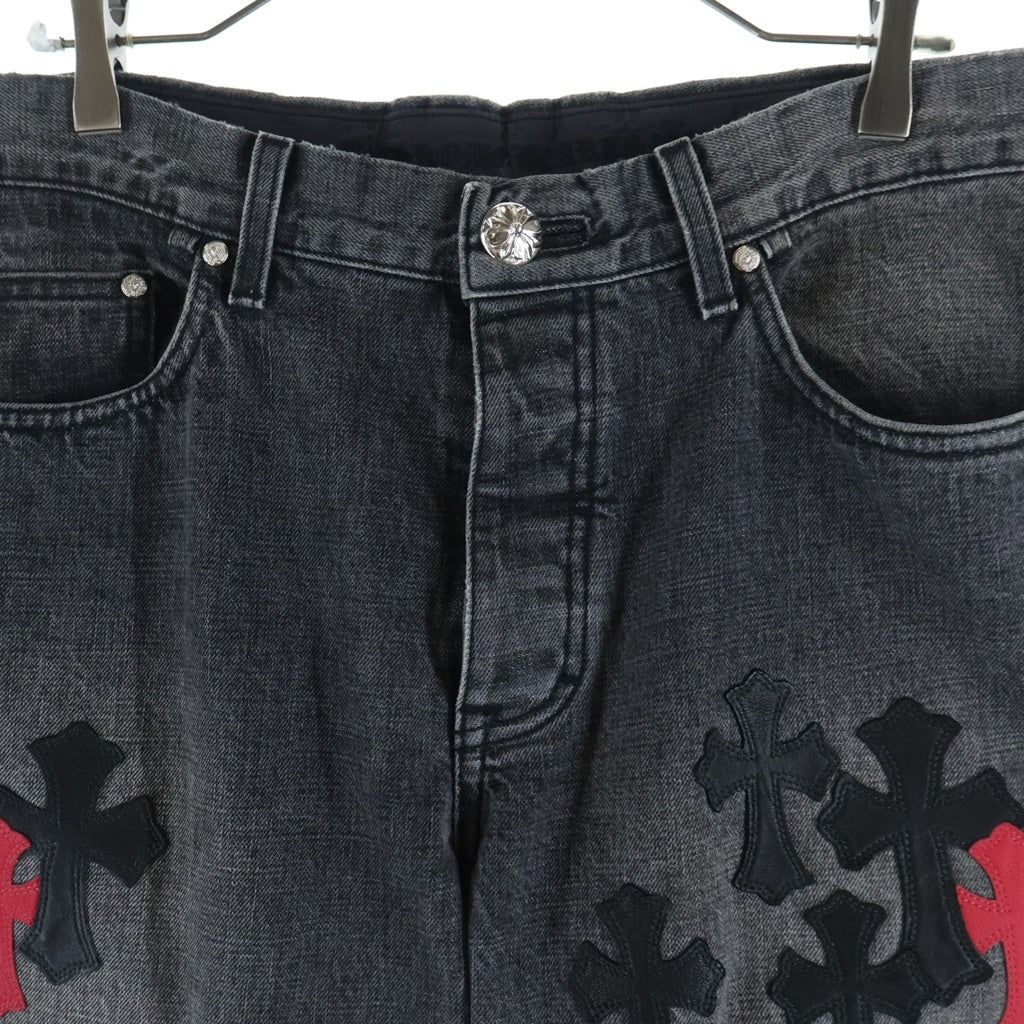 CHROME HEARTS(クロムハーツ) JEAN STRTLG FBRC Cross Leather Patch クロスパッチ ウォッシュドデニムパンツ ブラック