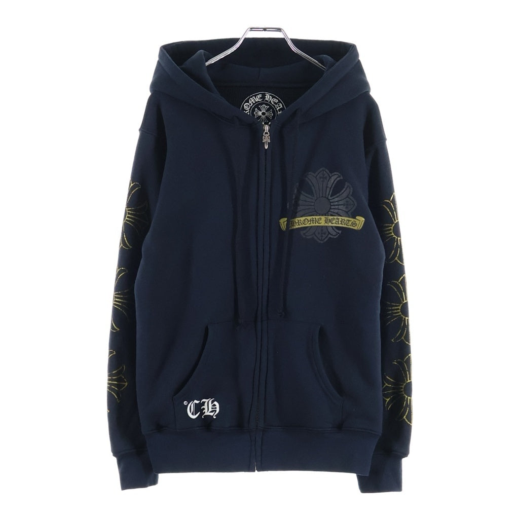 CHROME HEARTS(クロムハーツ) OLD CH Plus Gold Horseshoe Print Zip Hoodie オールド CHプラス ゴールド ホースシュー プリント 裏地サーマル パーカー ブラック
