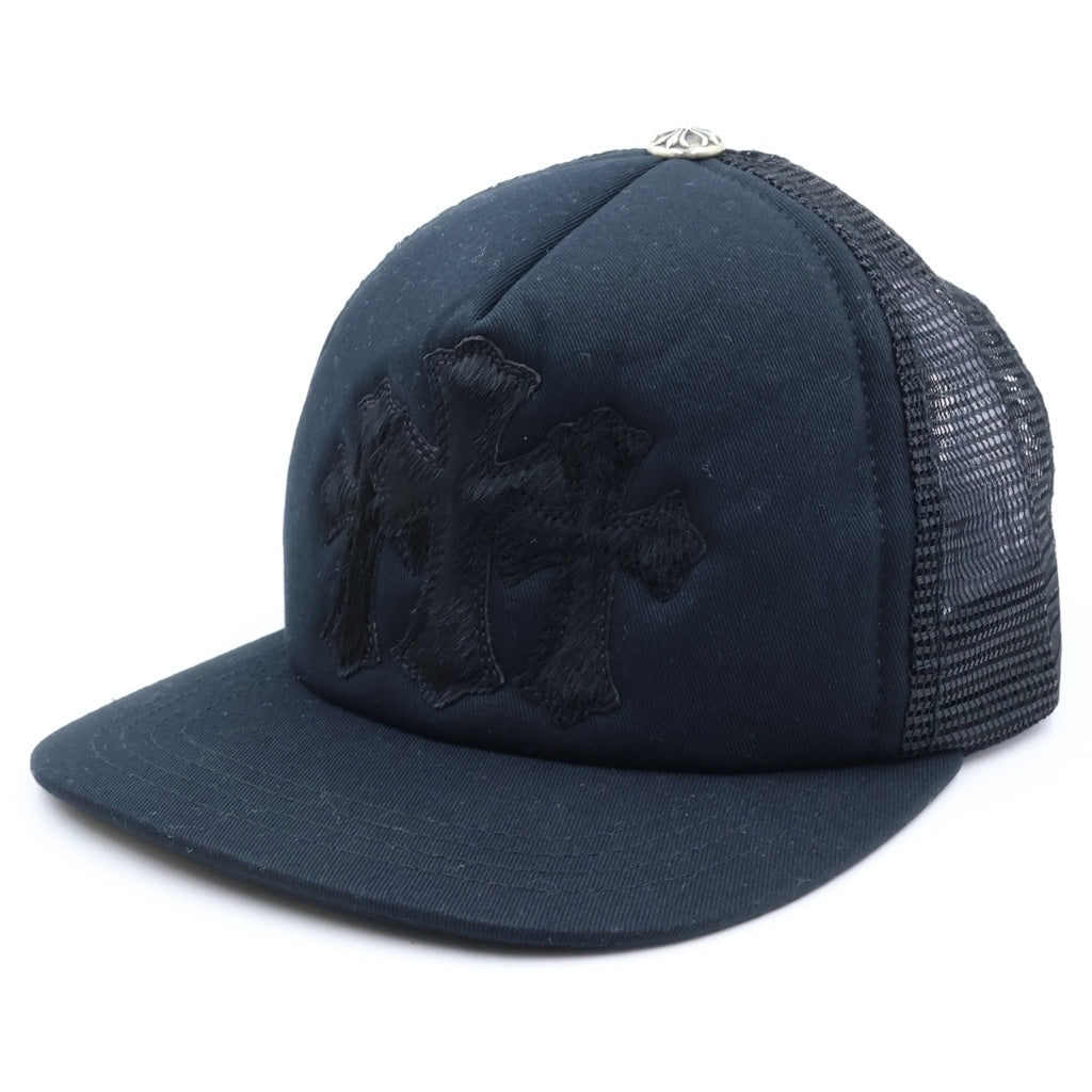 CHROME HEARTS(クロムハーツ) 3 セメタリークロスパッチハラコ トラッカーキャップ 帽子 メッシュ クロスボール付き ブラック
