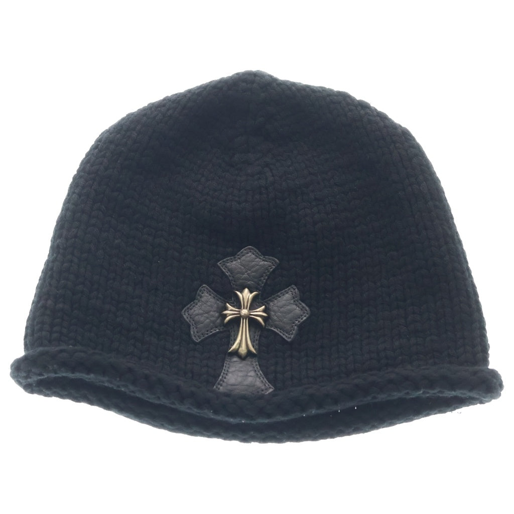 CHROME HEARTS(クロムハーツ) BEANIE CASH レザーパッチビーニー クロスパッチクロスボールスモールCHクロス付カシミヤ帽子 ブラック/シルバー