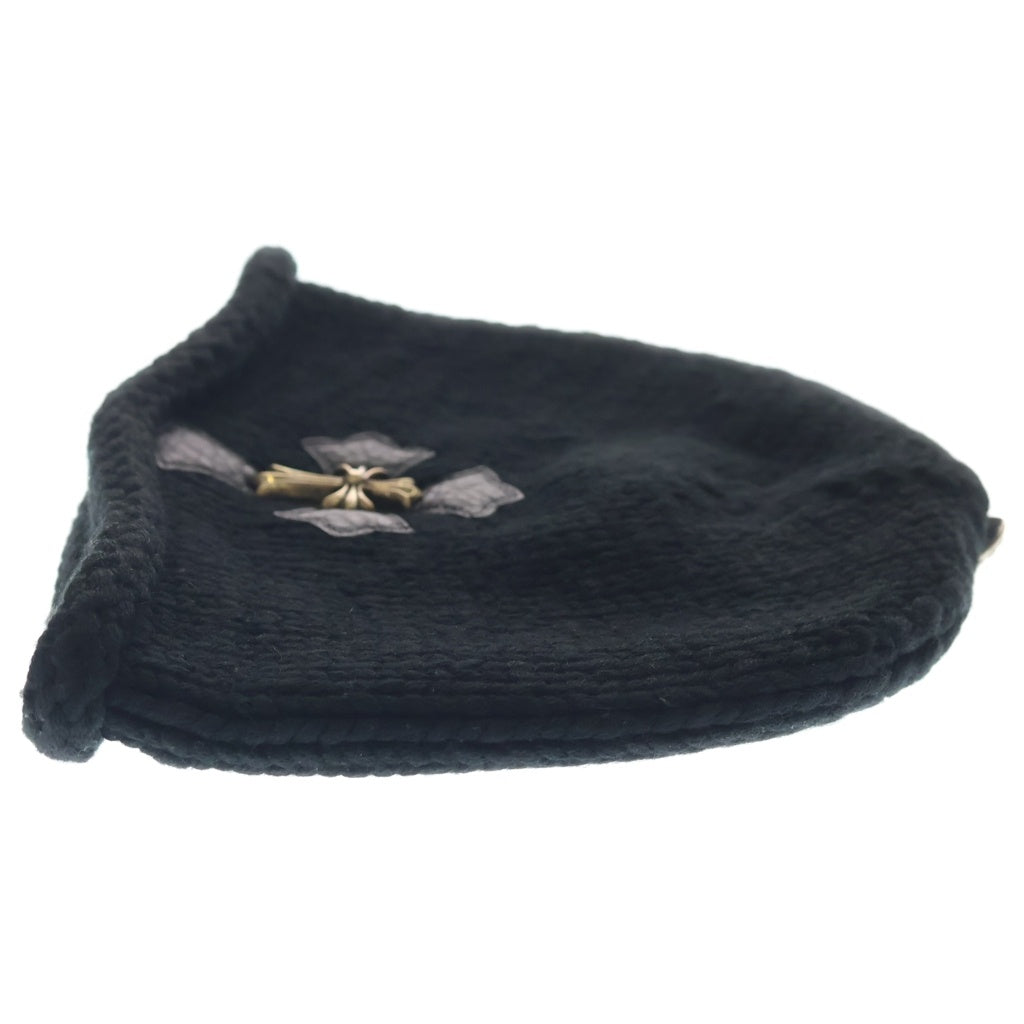 CHROME HEARTS(クロムハーツ) BEANIE CASH レザーパッチビーニー クロスパッチクロスボールスモールCHクロス付カシミヤ帽子 ブラック/シルバー