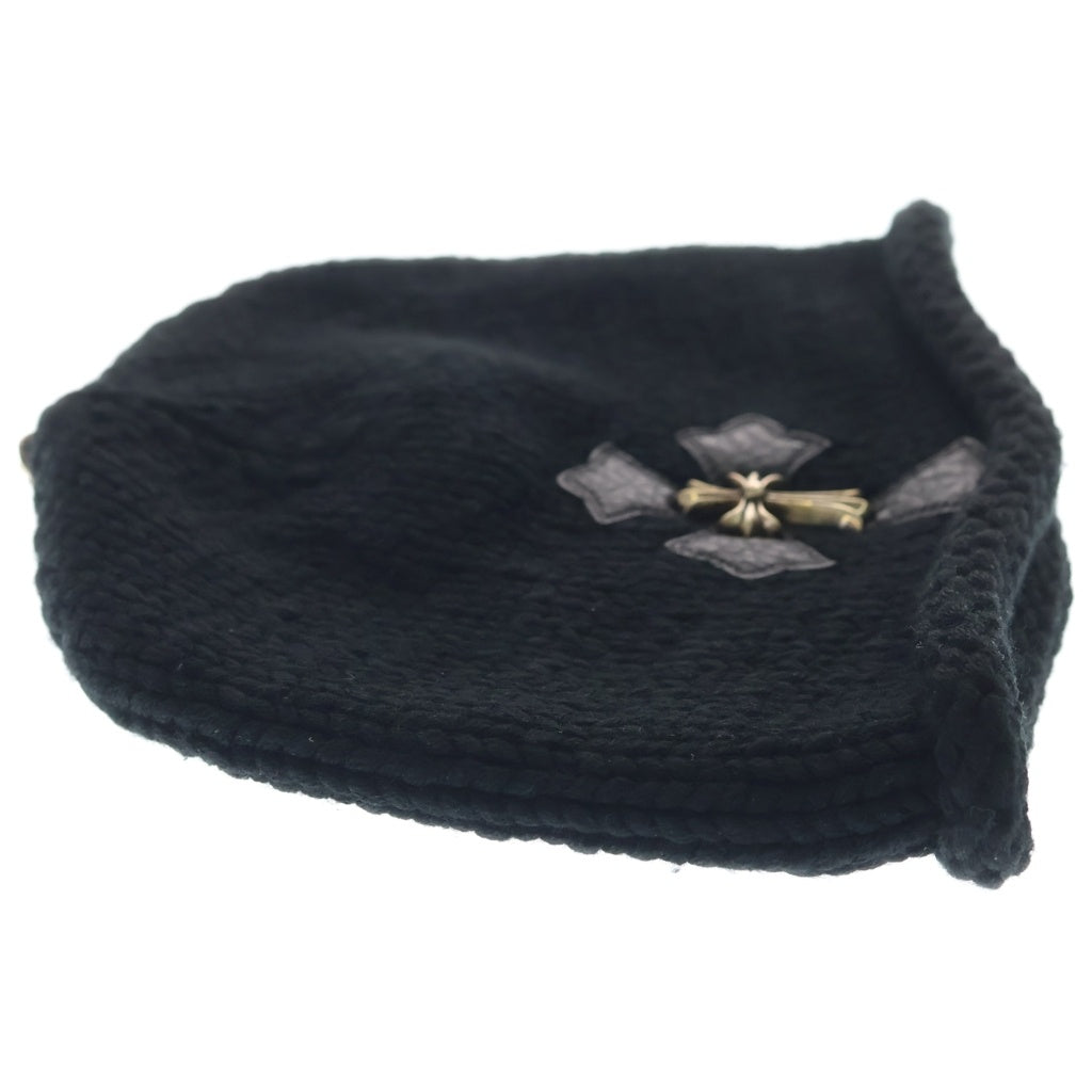 CHROME HEARTS(クロムハーツ) BEANIE CASH レザーパッチビーニー クロスパッチクロスボールスモールCHクロス付カシミヤ帽子 ブラック/シルバー