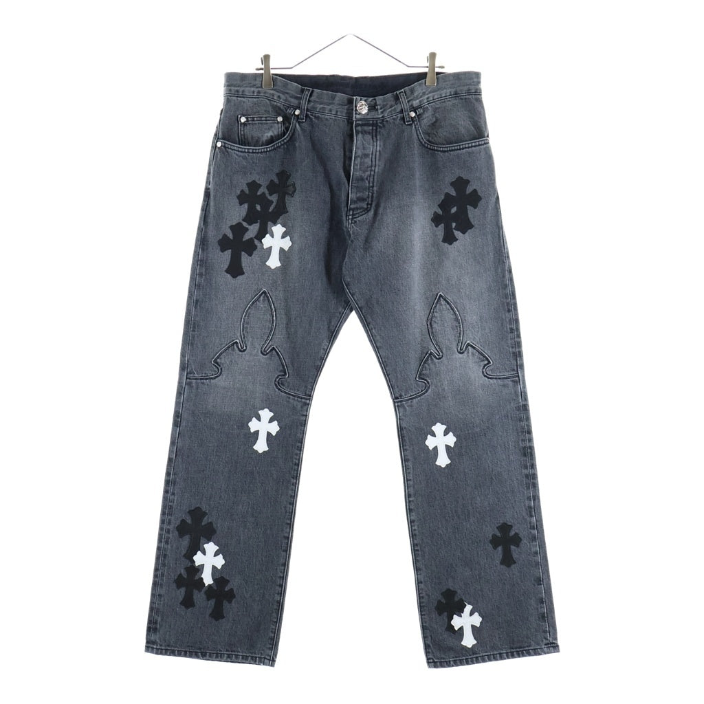CHROME HEARTS(クロムハーツ) JEAN SL FLEURKNEE クロスパッチ付きフレアニーデニムパンツ ブラック/ホワイト