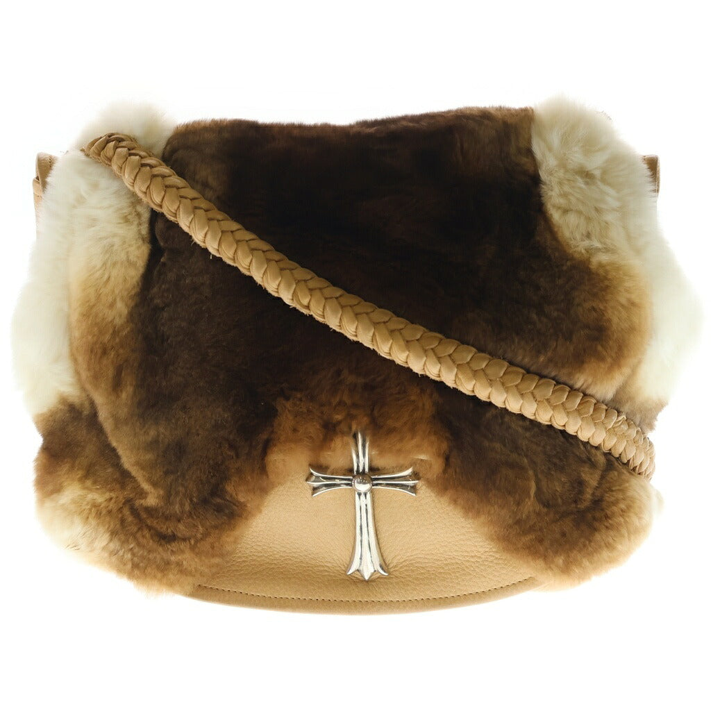 CHROME HEARTS(クロムハーツ) LRG CROSS FUR BAG セメタリークロスパッチ付き ラージクロスファーショルダーバック ベージュ/ブラウン/シルバー