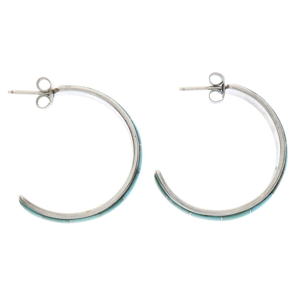 INDIAN JEWELRY(インディアンジュエリー) ズニ族 DON DEWA作 ターコイズ付き インレイフープピアス