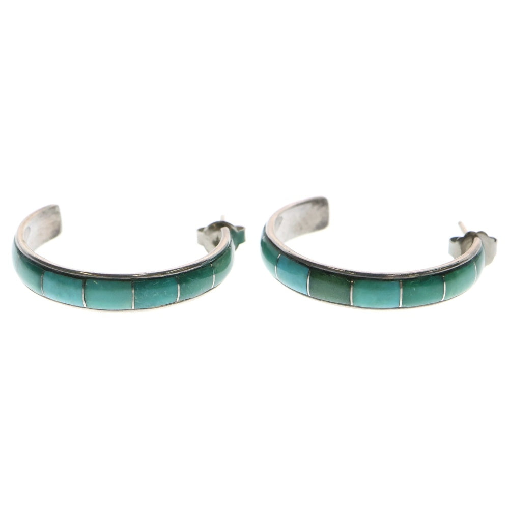 INDIAN JEWELRY(インディアンジュエリー) ズニ族 DON DEWA作 ターコイズ付き インレイフープピアス