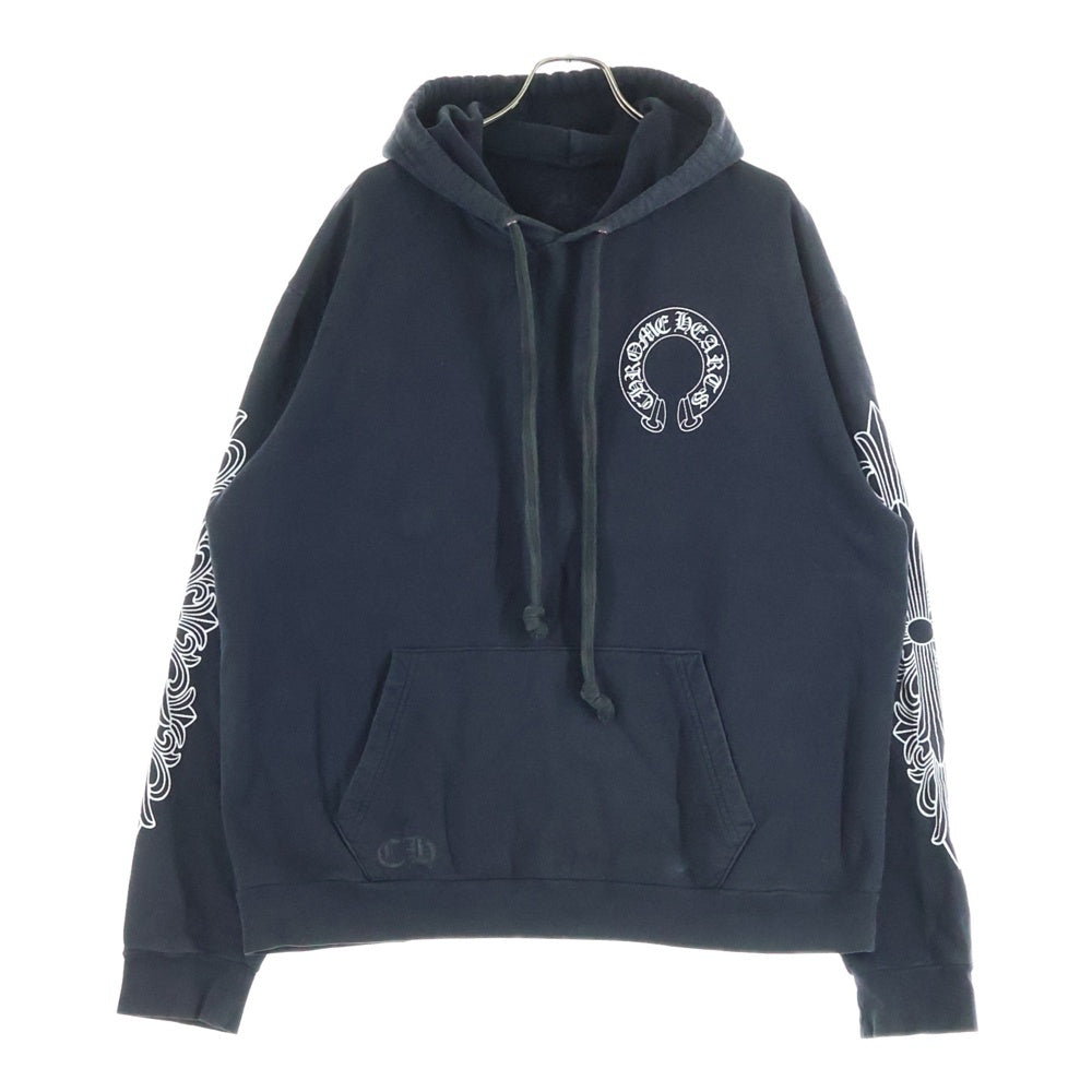 CHROME HEARTS(クロムハーツ) SWTSHRT PLVR 袖フローラルバックホースシュープリントプルオーバーパーカー ブラック/ホワイト