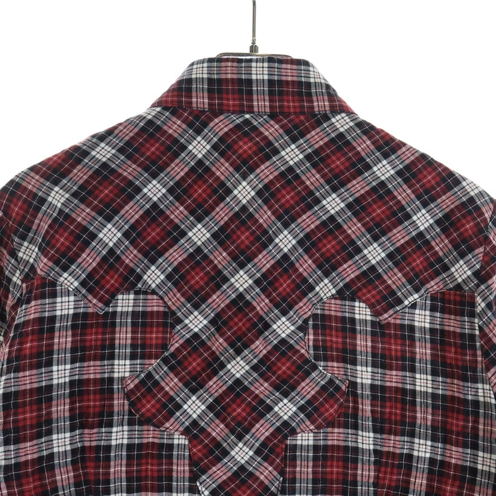 CHROME HEARTS(クロムハーツ) WESTN ウエスタン 袖レザーパッチ切替BSフレアボタンチェック長袖シャツ レッド
