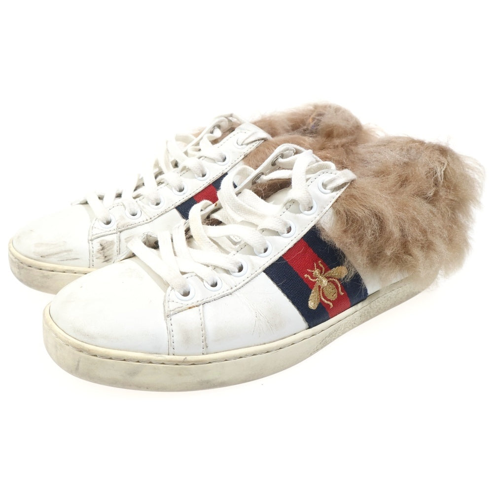 GUCCI(グッチ) Ace Low Top Sneakers With Fur 496093 エースビー刺繍ファーローカットスニーカー ホワイト レディース