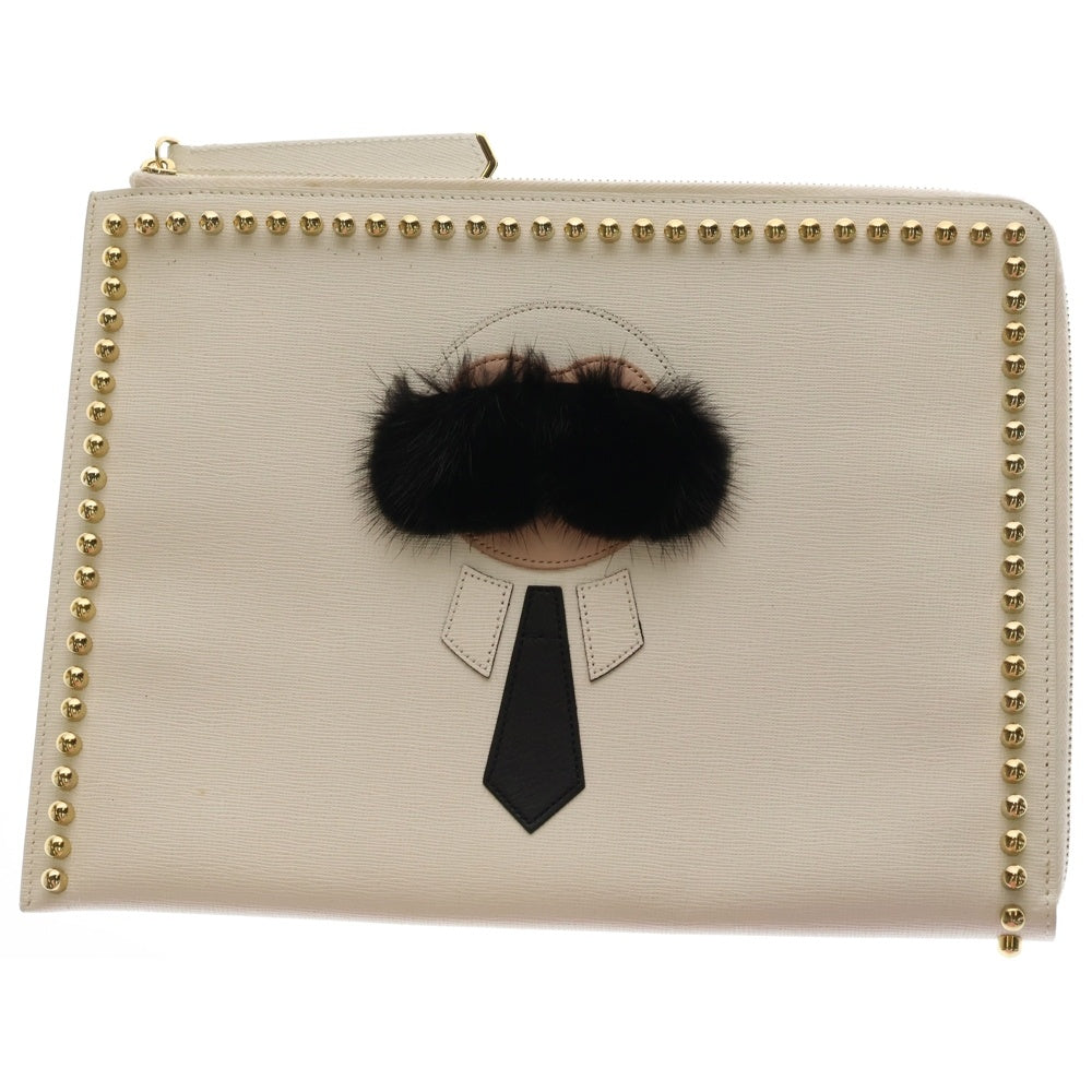 FENDI(フェンディ) PUNKARLITO パンカーリト ファーチャームスタッズクラッチバッグ ホワイト レディース