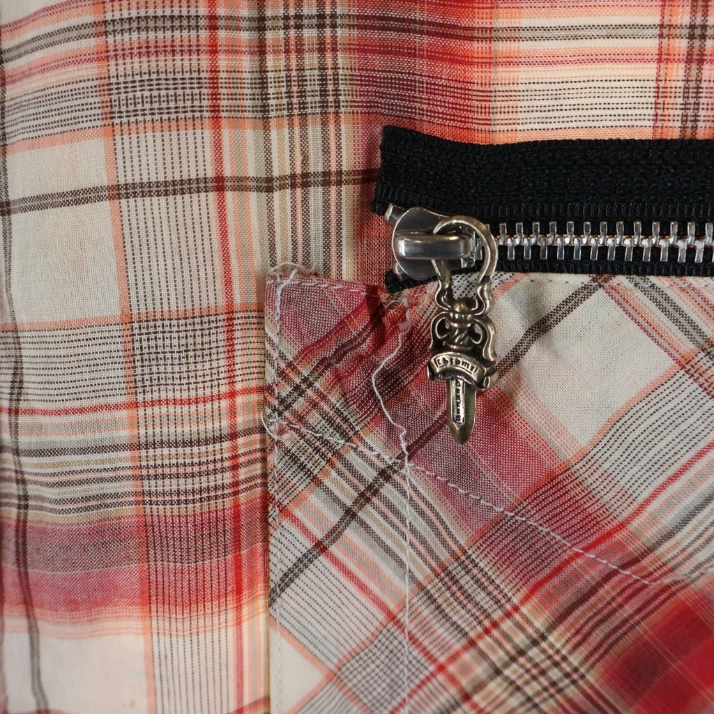 CHROME HEARTS(クロムハーツ) ラージBSフレアレザーパッチ付き プレイドチェックノースリーブシャツ レッド