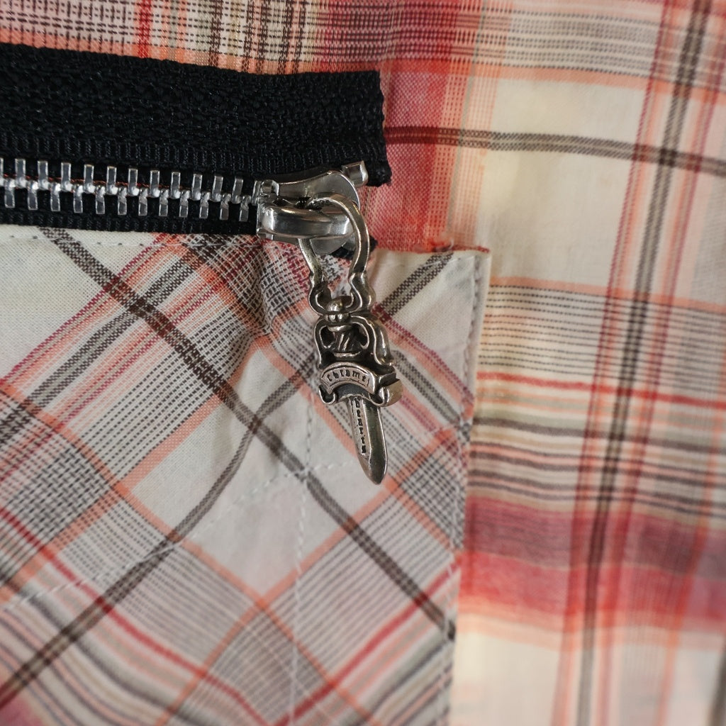CHROME HEARTS(クロムハーツ) ラージBSフレアレザーパッチ付き プレイドチェックノースリーブシャツ レッド