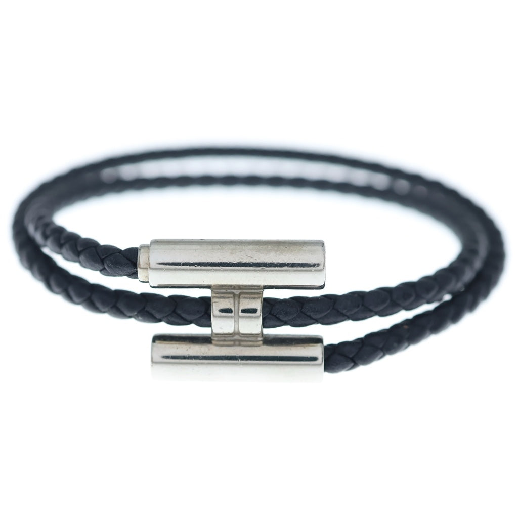 HERMES(エルメス) トゥルニ トレッセ Hロゴ ノワール レザー ブレスレット ブラック/シルバー