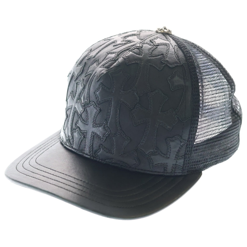 CHROME HEARTS(クロムハーツ) TRUCKER CAP CEME レザーセメタリークロスパッチ クロスボール付きメッシュキャップ 帽子 ブラック