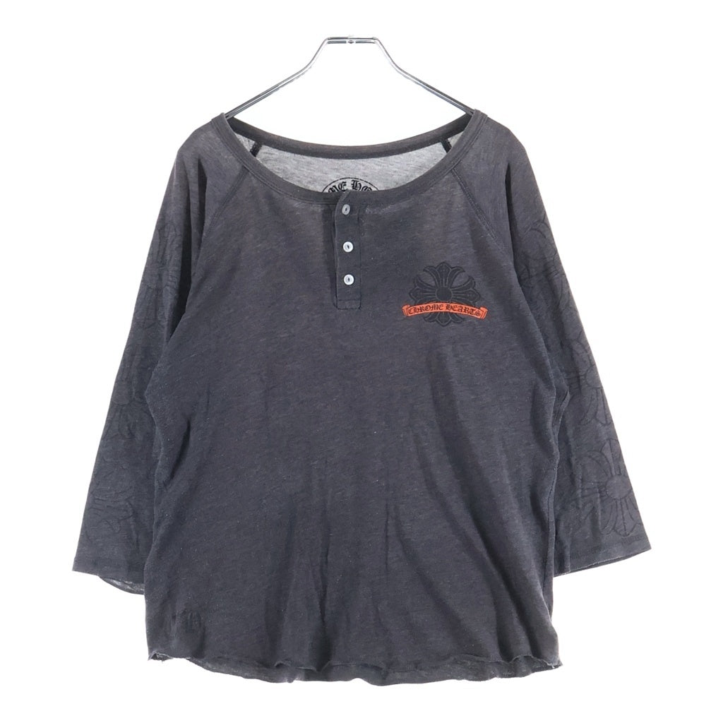 CHROME HEARTS(クロムハーツ) OLD CH PLUS L/S TEE CHプラス スクロールラベルプリント コットン ヘンリーネック 七分袖Tシャツ 長袖カットソー グレー レディース