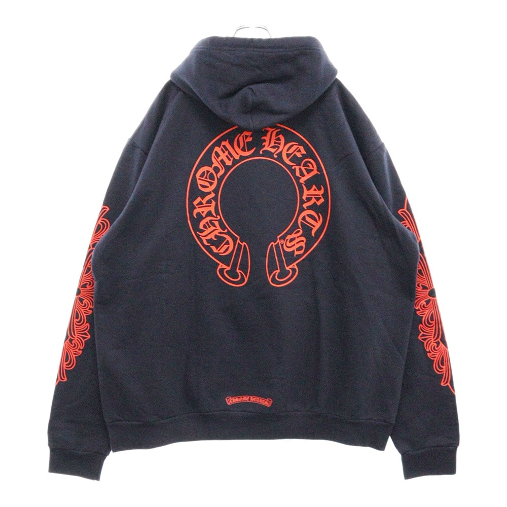 CHROME HEARTS(クロムハーツ) SWTSHRT PLVR プルオーバーパーカー 袖フローラルバックホースシューパーカー ネイビー/レッド