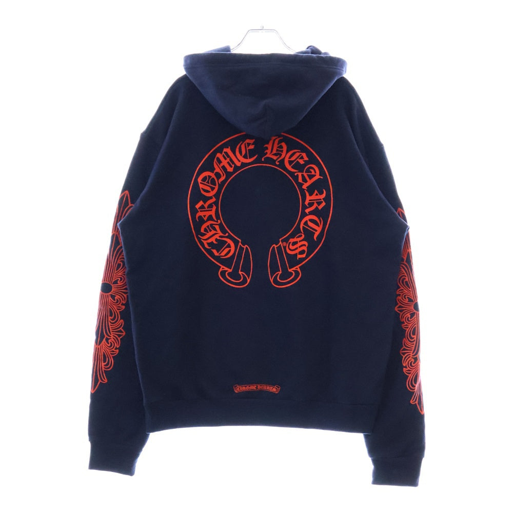 CHROME HEARTS(クロムハーツ) SWTSHRT PLVR プルオーバーパーカー 袖フローラルバックホースシューパーカー ネイビー/レッド