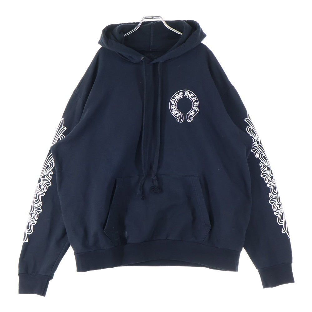 CHROME HEARTS(クロムハーツ) SWTSHRT PLVR 袖フローラルバックホースシュープリントプルオーバーパーカー ブラック/ホワイト