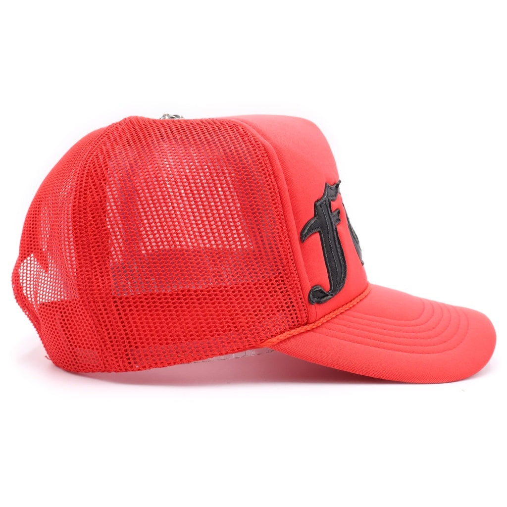 CHROME HEARTS(クロムハーツ) TRUCKER CAP FUCKパッチ クロスボール メッシュ トラッカーキャップ レッド