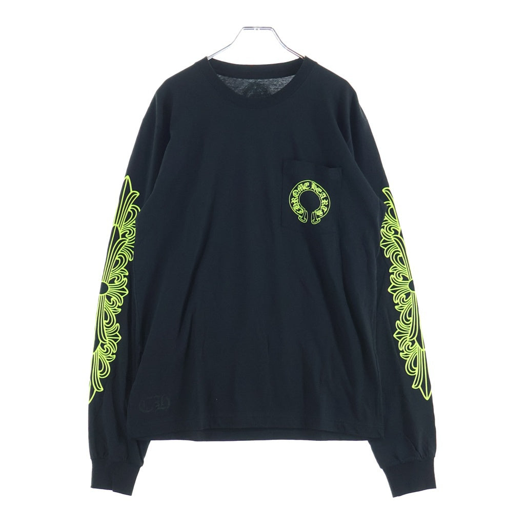 CHROME HEARTS(クロムハーツ) FLRL CRS HORSESHOE L/S 袖フローラルプリント クルーネック長袖Tシャツカットソー ブラック /イエロー