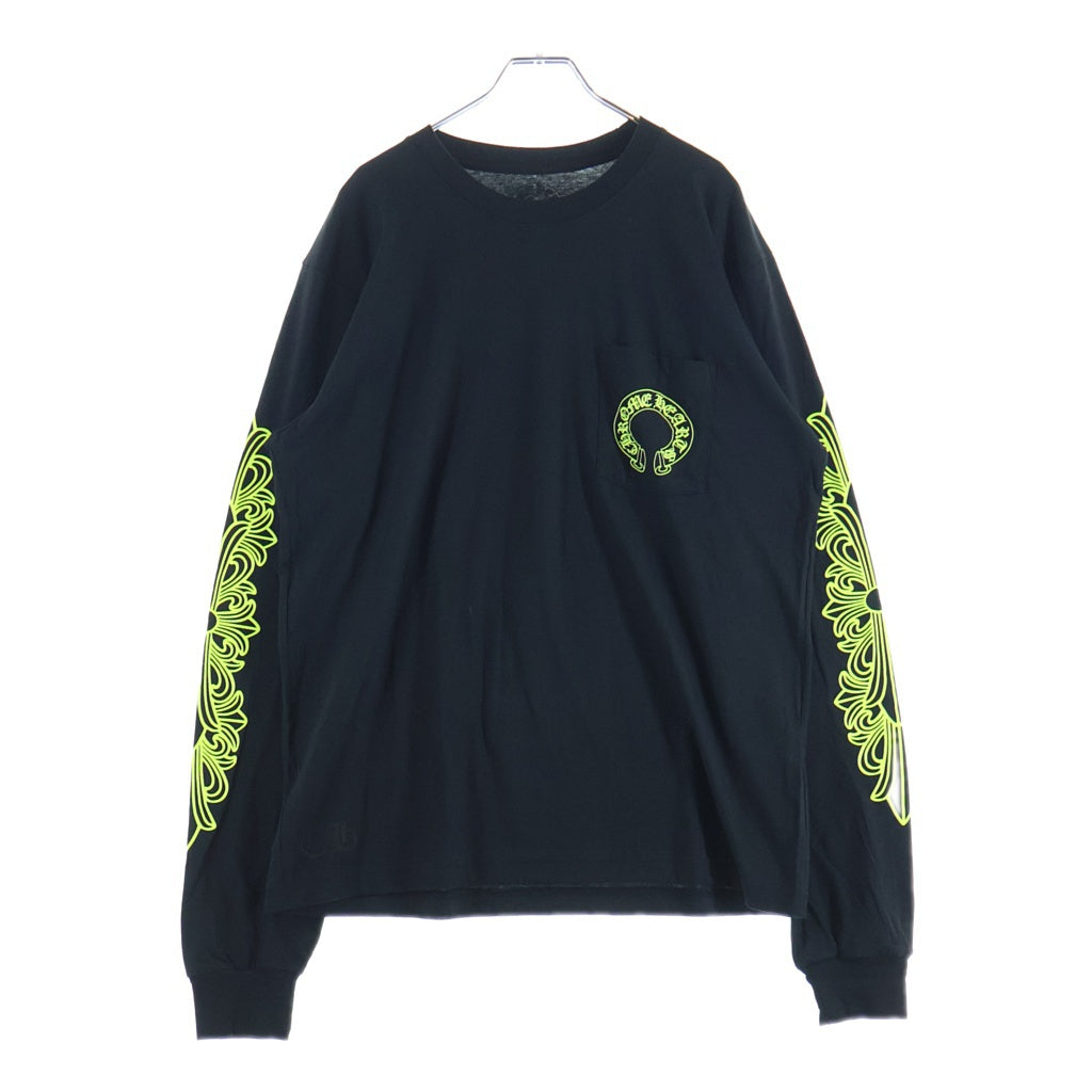 CHROME HEARTS(クロムハーツ) FLRL CRS HORSESHOE L/S 袖フローラルプリント クルーネック長袖Tシャツカットソー ブラック /イエロー