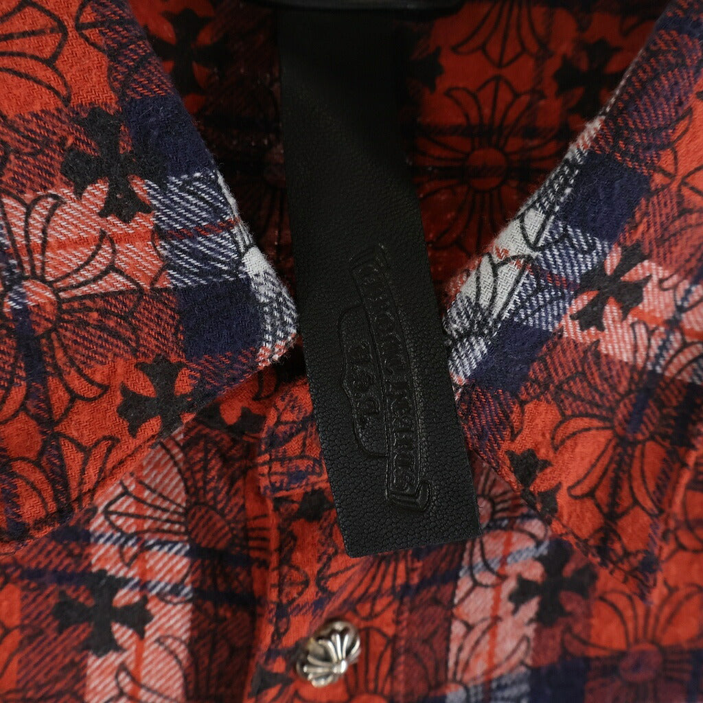 CHROME HEARTS(クロムハーツ) LOOSEENDS LS CHECK ルーズエンド 袖クロスパッチクロスボールボタン 長袖シャツ レッド