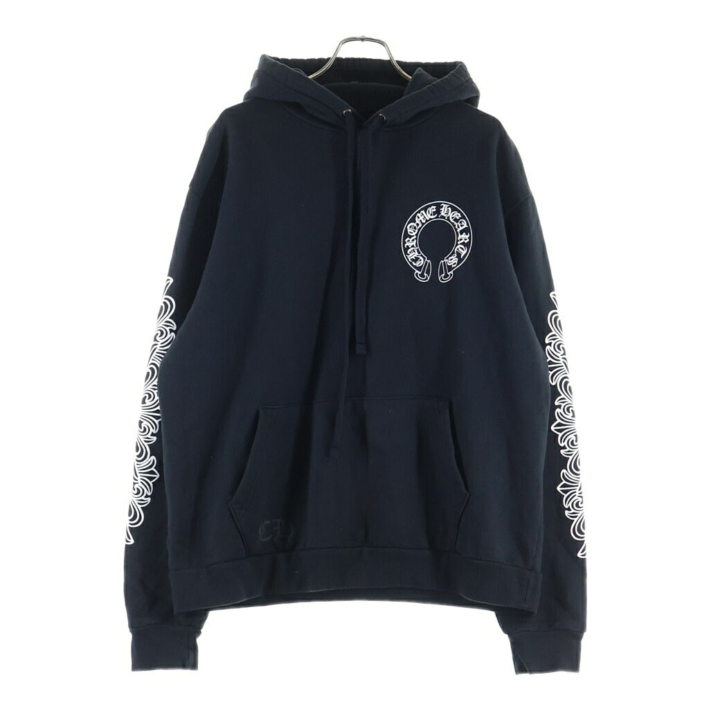 CHROME HEARTS(クロムハーツ) SWTSHRT HD PLVR 袖フローラルバックホースシュープリントプルオーバーフーディ パーカー ブラック