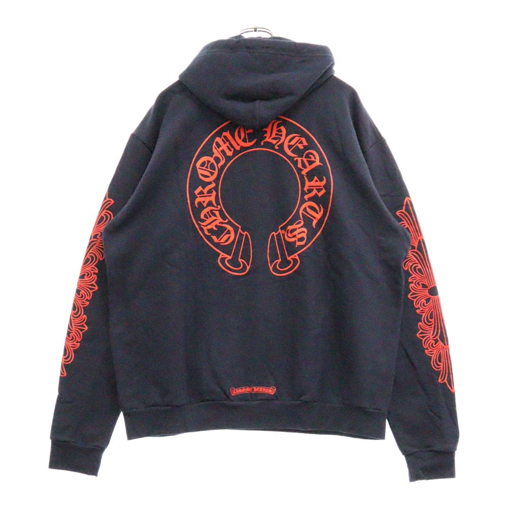 CHROME HEARTS(クロムハーツ) SWTSHRT PLVR プルオーバーパーカー 袖フローラルバックホースシューパーカー ネイビー/レッド