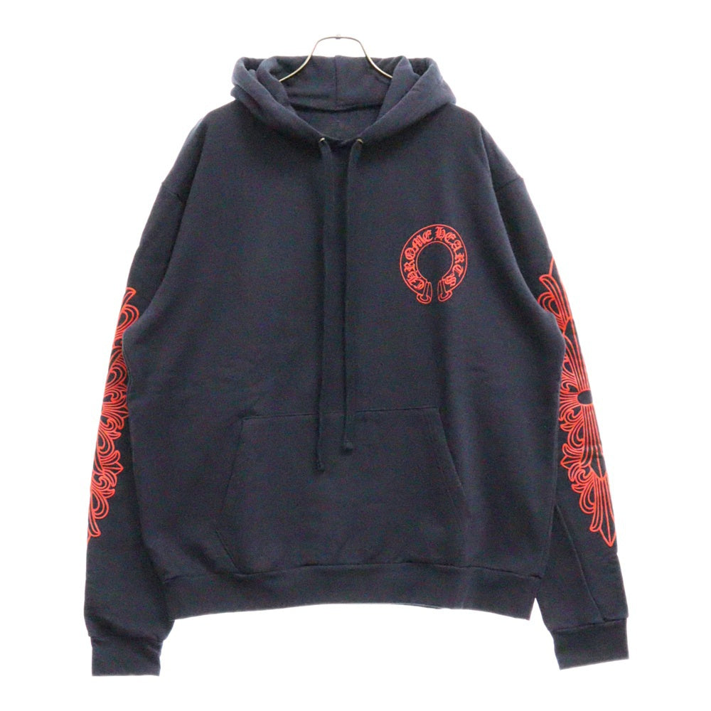 CHROME HEARTS(クロムハーツ) SWTSHRT PLVR プルオーバーパーカー 袖フローラルバックホースシューパーカー ネイビー/レッド
