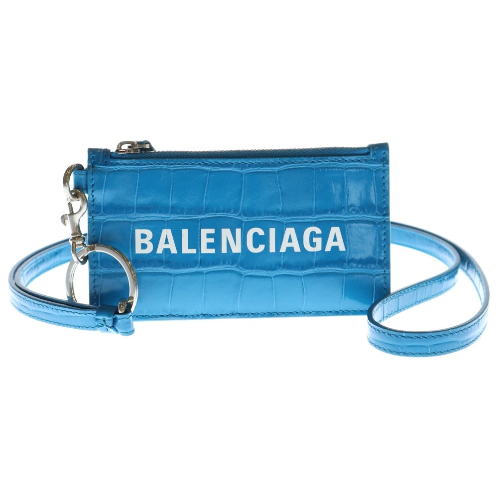 BALENCIAGA(バレンシアガ) ブランドロゴ クロコ型押し ショルダーフラグメントケース カードケース ブルー 594548