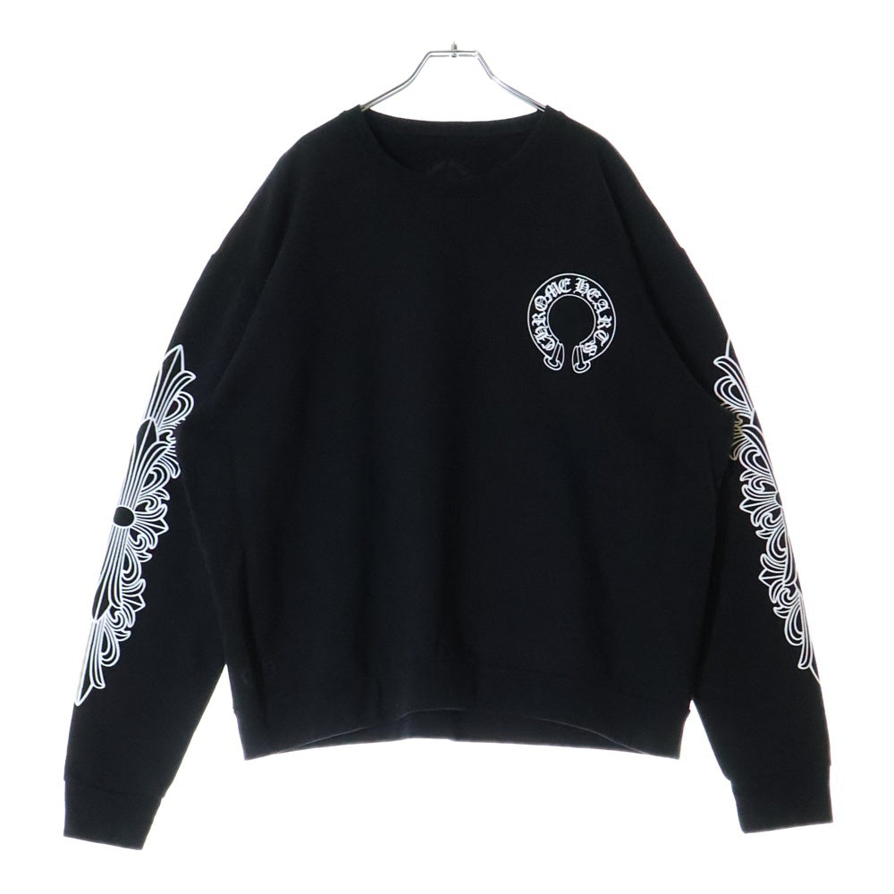 CHROME HEARTS(クロムハーツ) Horseshoe Crewneck Sweatshirt ホースシュープリント 袖フローラル クルーネックスウェットトレーナー ブラック