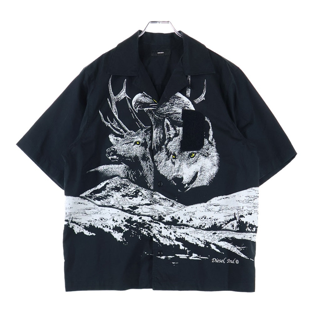 DIESEL(ディーゼル) WOLF フロントプリント パッチワーク 半袖シャツ ブラック