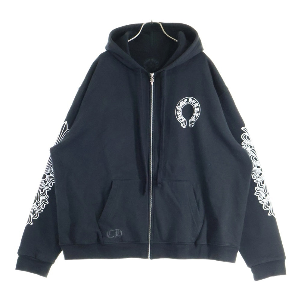 CHROME HEARTS(クロムハーツ) THRML HD ZIP 裏地サーマルジップ 袖フローラルバック ホースシュープ ジップパーカー ブラック