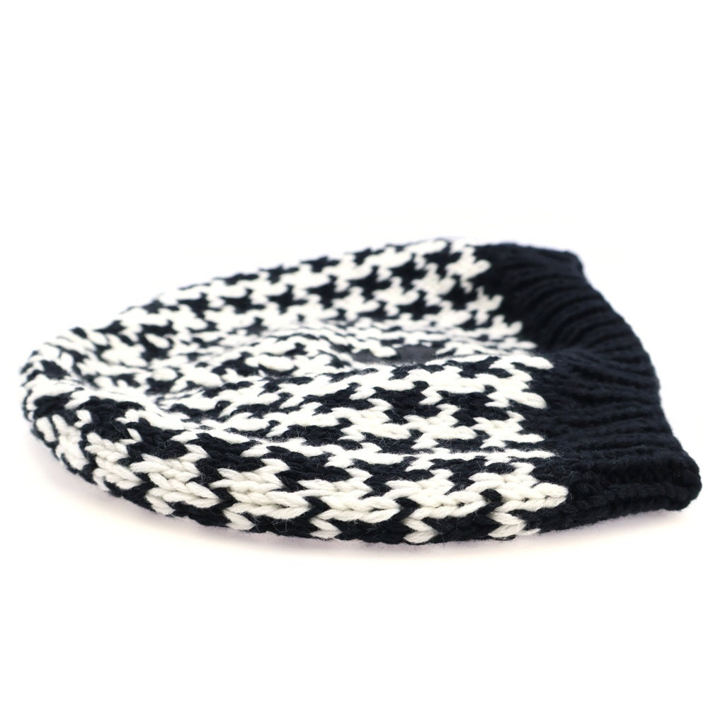 CHROME HEARTS(クロムハーツ) Houndstooth Pattern Cashmere Beanie カシミヤ レザーパッチ ビーニー ニット帽 ホワイト/ブラック レディース