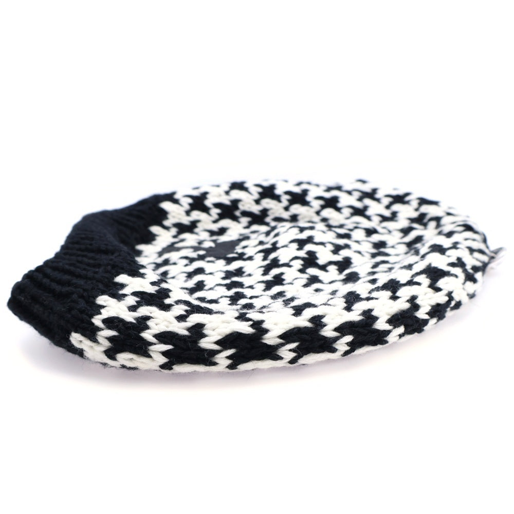 CHROME HEARTS(クロムハーツ) Houndstooth Pattern Cashmere Beanie カシミヤ レザーパッチ ビーニー ニット帽 ホワイト/ブラック レディース