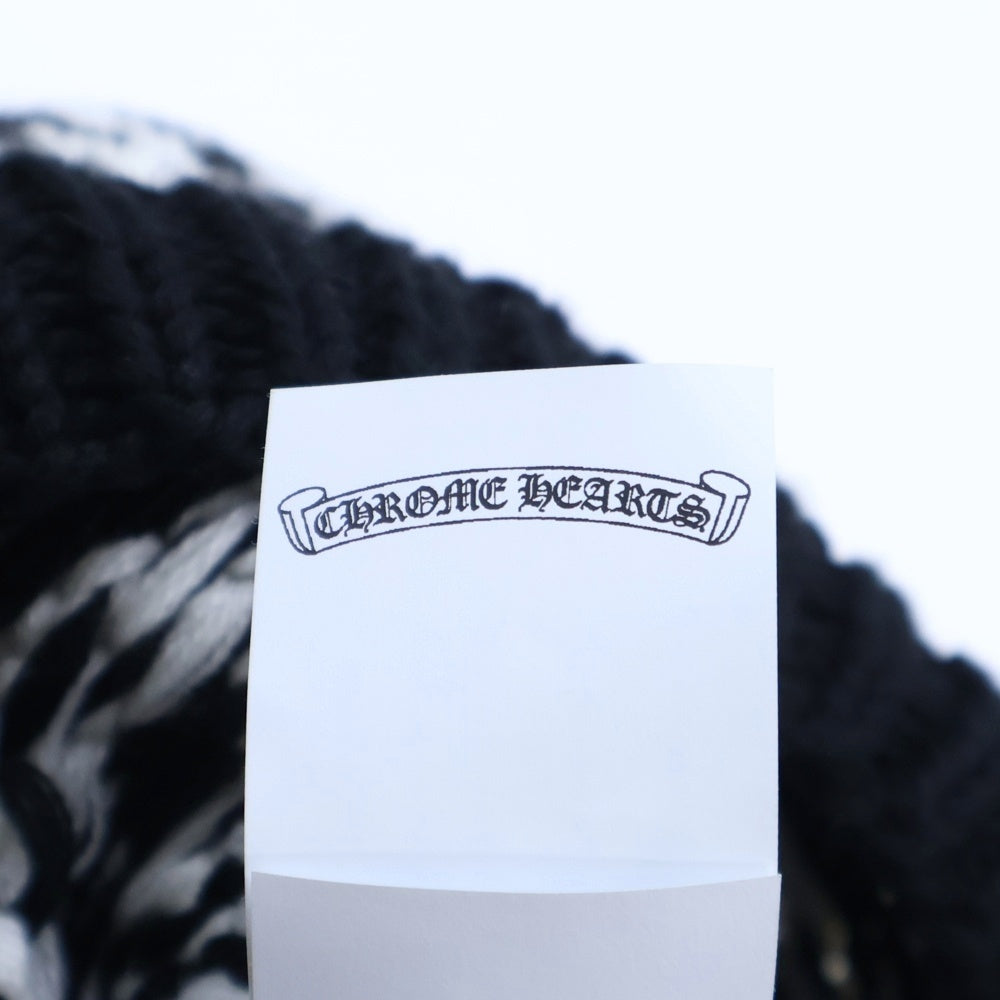 CHROME HEARTS(クロムハーツ) Houndstooth Pattern Cashmere Beanie カシミヤ レザーパッチ ビーニー ニット帽 ホワイト/ブラック レディース